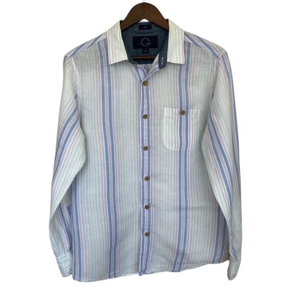 Even Tide White, Light Blue, Pink Striped Linen Blend Slim Button Up - Medium - Picture 1 of 5